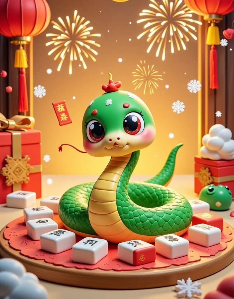 Masterpiece, (fine quality), very detailed, looks super detailed, Q version, big eyes, cute shape, surrounded by Chinese Mahjong, New Year elements, Chinese Year of the Snake, Green Snake, Fireworks, Lanterns, Couplets, Snowflakes, Chibi, Cartoon, Tempera, clay, high contrast tones, vibrant colors, complementary colors, warm tones