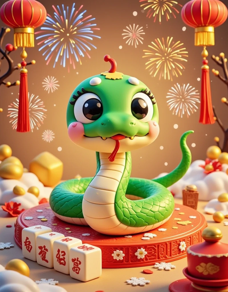 Masterpiece, (fine quality), very detailed, looks super detailed, Q version, big eyes, cute shape, surrounded by Chinese Mahjong, New Year elements, Chinese Year of the Snake, Green Snake, Fireworks, Lanterns, Couplets, Snowflakes, Chibi, Cartoon, Tempera, clay, high contrast tones, vibrant colors, complementary colors, warm tones