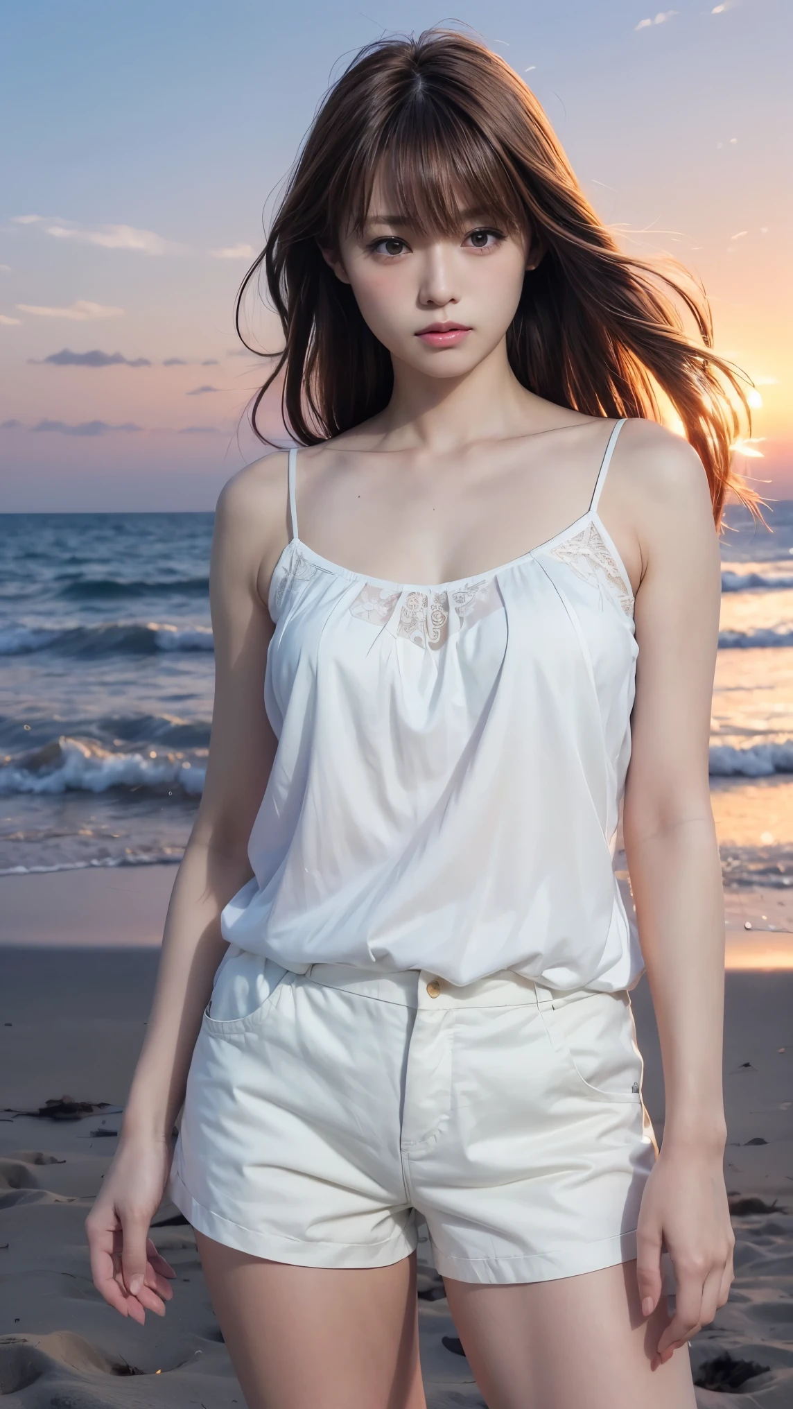 (Best Quality, Absolute Resolution , Super detailed, masterpiece), (Realistic), 8k, break (Detailed face), Delicate realistic skin texture, Green, 1 girl, Young woman, 20 years old, Delicate eyes, Beautiful deer eyes, Glossy Lips, ((From below)), (( white camisole , Shorts)), Outdoor, Huge breasts, Beautiful curves, (sunset Sandy Beach, Seaside), (((sunset light strong, sunset, focus sunset light))), ( standing posture), (Gradient Brown Hair), ((((Hair blowing in the wind)))), (((Random Pause)))