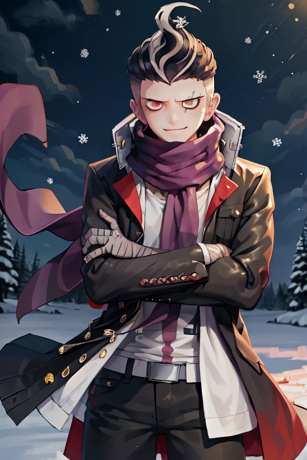 (masterpiece, best quality:1.2), Alone, male focus, 1boy, tanaka gundham,  confident smile, pose,  heterochromia, jacket, black pants, scarf, bandages, bandaged arm、snow