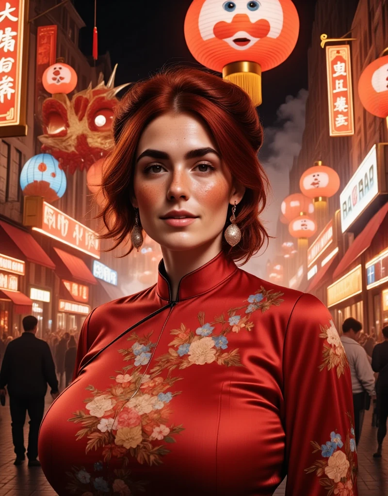 Photorealistic picture, cinematic style, (extra low camera angle:1.5), a beautiful British woman celebrating Chinese New year in a street parade. Late evening, (it's dark night: 1.5), (Dynamic pose: 1.5), she is smiling. She has Brown eyes, downturned eye shape, light skin and freckles, reddish-brown hair, elegant gathered up hairstyle. Traditional Red silk cheongsam. white pearl earrings. Large red paper lanterns. Red paper decorations hung over the street. Red paper dragon. Smoke and fireworks. Theme colour is red. perfect hand,HDR, intricate details ,