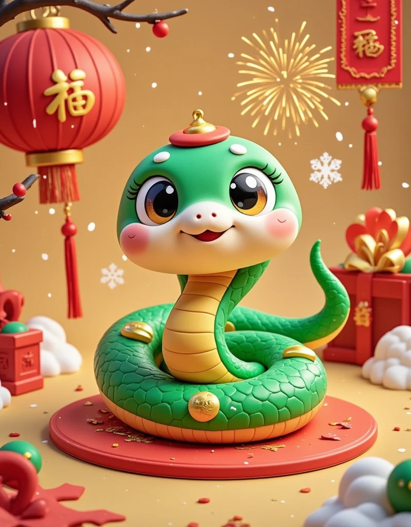 Masterpiece, (fine quality), very detailed, looks super detailed, Q version, big eyes, cute shape, surrounded by Chinese Mahjong, New Year elements, Chinese Year of the Snake, Green Snake, Fireworks, Lanterns, Couplets, Snowflakes, Chibi, Cartoon, Tempera, clay, high contrast tones, vibrant colors, complementary colors, warm tones