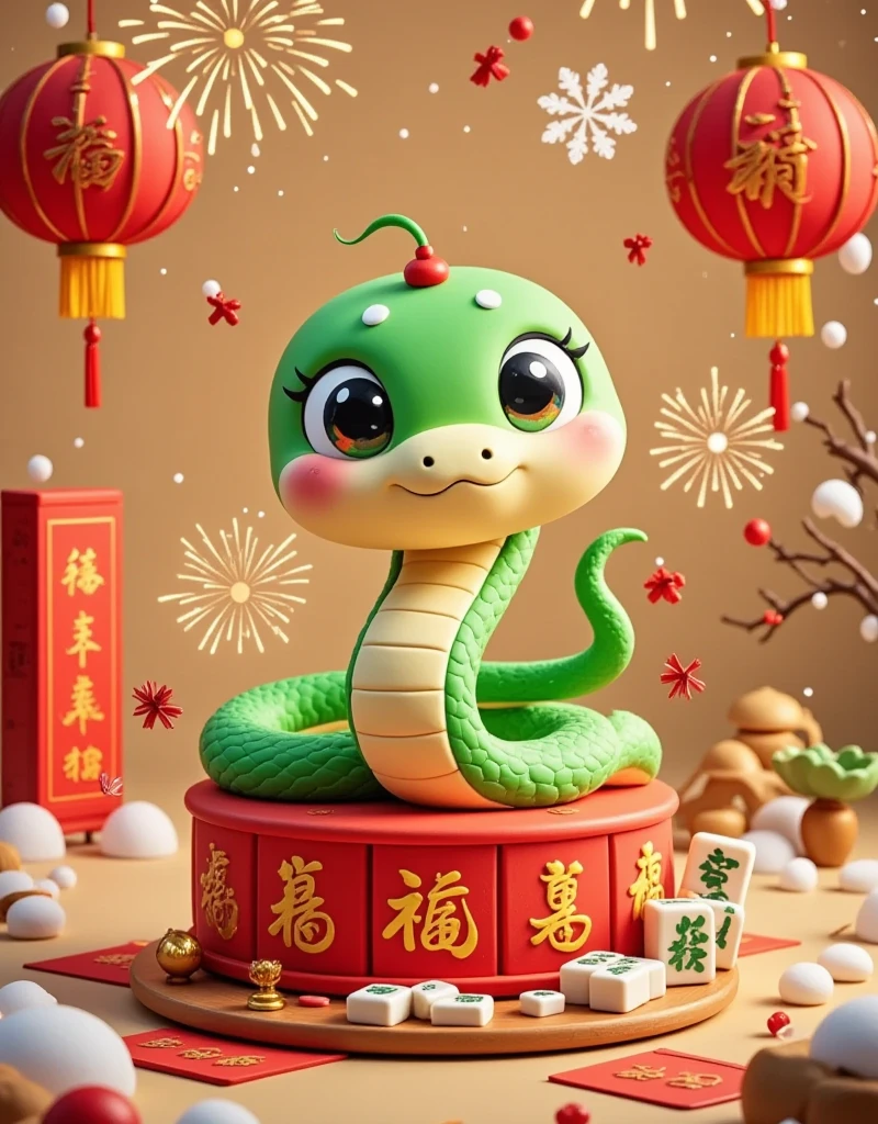 Masterpiece, (fine quality), very detailed, looks super detailed, Q version, big eyes, cute shape, surrounded by Chinese Mahjong, New Year elements, Chinese Year of the Snake, Green Snake, Fireworks, Lanterns, Couplets, Snowflakes, Chibi, Cartoon, Tempera, clay, high contrast tones, vibrant colors, complementary colors, warm tones