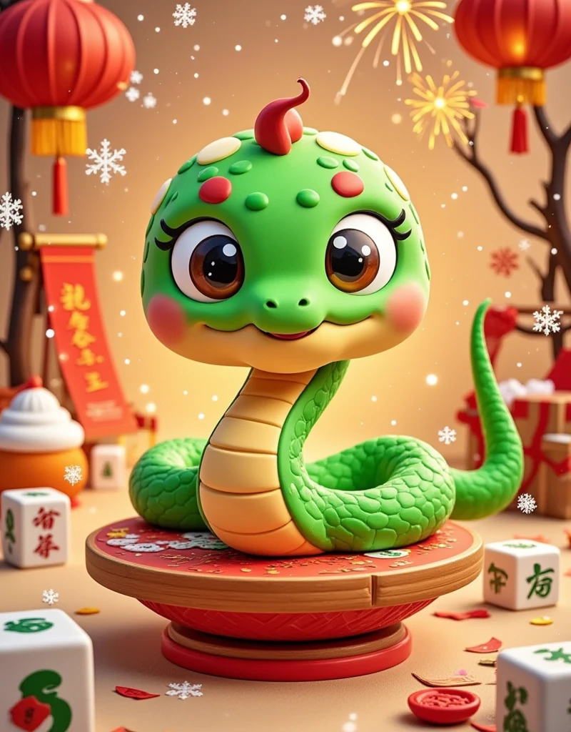 Masterpiece, (fine quality), very detailed, looks super detailed, Q version, big eyes, cute shape, surrounded by Chinese Mahjong, New Year elements, Chinese Year of the Snake, Green Snake, Fireworks, Lanterns, Couplets, Snowflakes, Chibi, Cartoon, Tempera, clay, high contrast tones, vibrant colors, complementary colors, warm tones