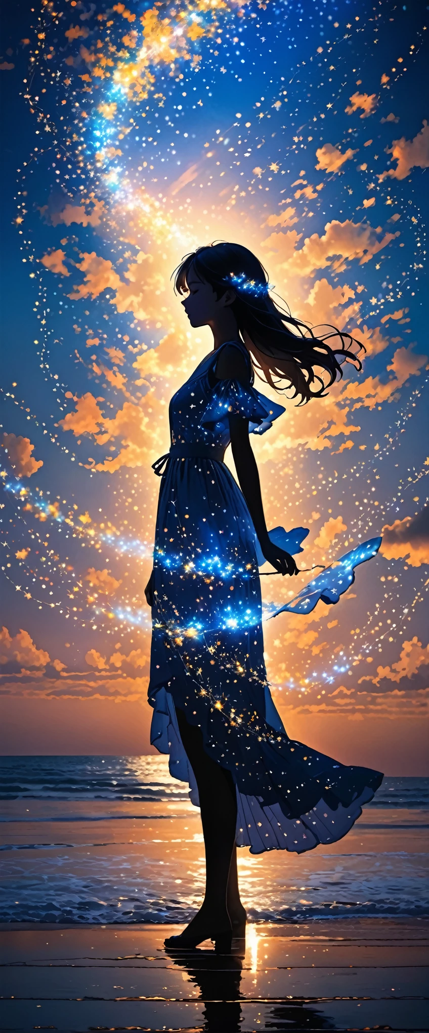 1 girl, magical, abstrato, tenebrosa, light particles, rotating lights, blossom, floating object, looking ahead at viewer, realisitic, standing alone, Trends on Instagram, trends on Pinterest,