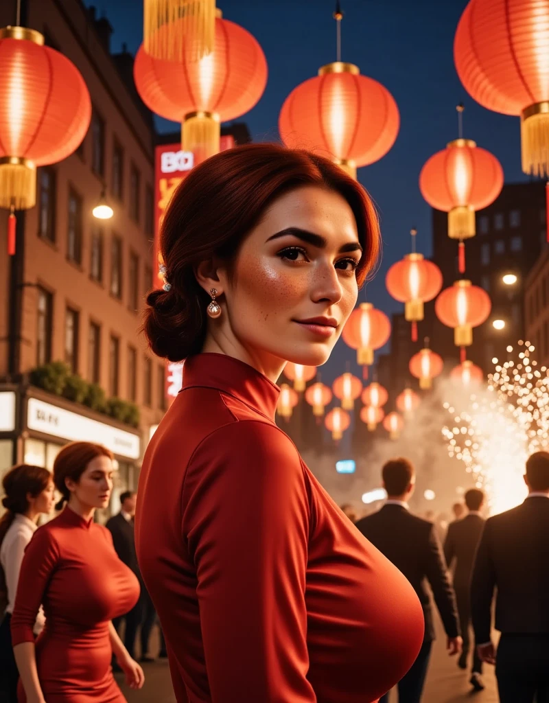 Photorealistic picture, cinematic style, (extra low camera angle:1.5), a beautiful British woman celebrating Chinese New year in a street parade. Late evening, (it's dark night: 1.5), (Dynamic pose: 1.5), she is smiling. She has Brown eyes, downturned eye shape, light skin and freckles, reddish-brown hair, elegant gathered up hairstyle. Traditional Red silk cheongsam. white pearl earrings. Large red paper lanterns. Red paper decorations hung over the street. Red paper dragon. Smoke and fireworks. Theme colour is red. perfect hand,HDR, intricate details ,