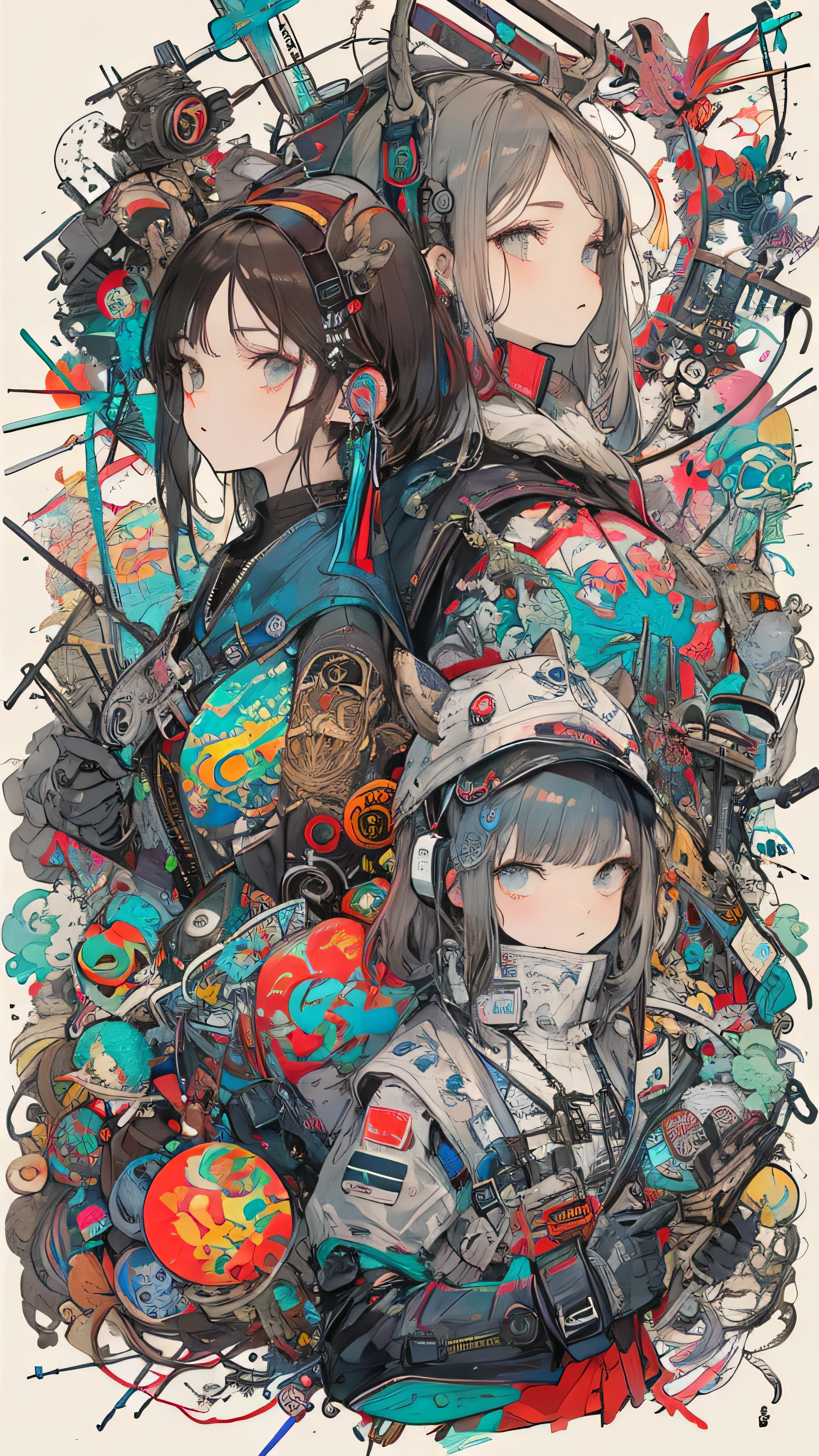 Masterpiece, best quality, two girls, 32K wallpapers, very detailed, poster, vintage science fiction, geometric movie poster, shape, abstract, portfolio, perfection, detailed face, very talented, the most complex futuristic machine, detailed unlimited completion equipment: earphones, very simple background, texture of the person: grunge, high resolution, best quality, high image quality, complex, sophisticated, Geometric ornament, (graffiti), double exposure, a fluid fusion of abstract art, glitch, 2D, original illustration composition, limited edition color fusion, geometric art style, no lines, flat color, tooth, random hair color, random hairstyle, random eye color, fish simple background,Minimalist, chest, large chest, Dark Eyes, Movement illustration, Deer antlers, Brown Hair,