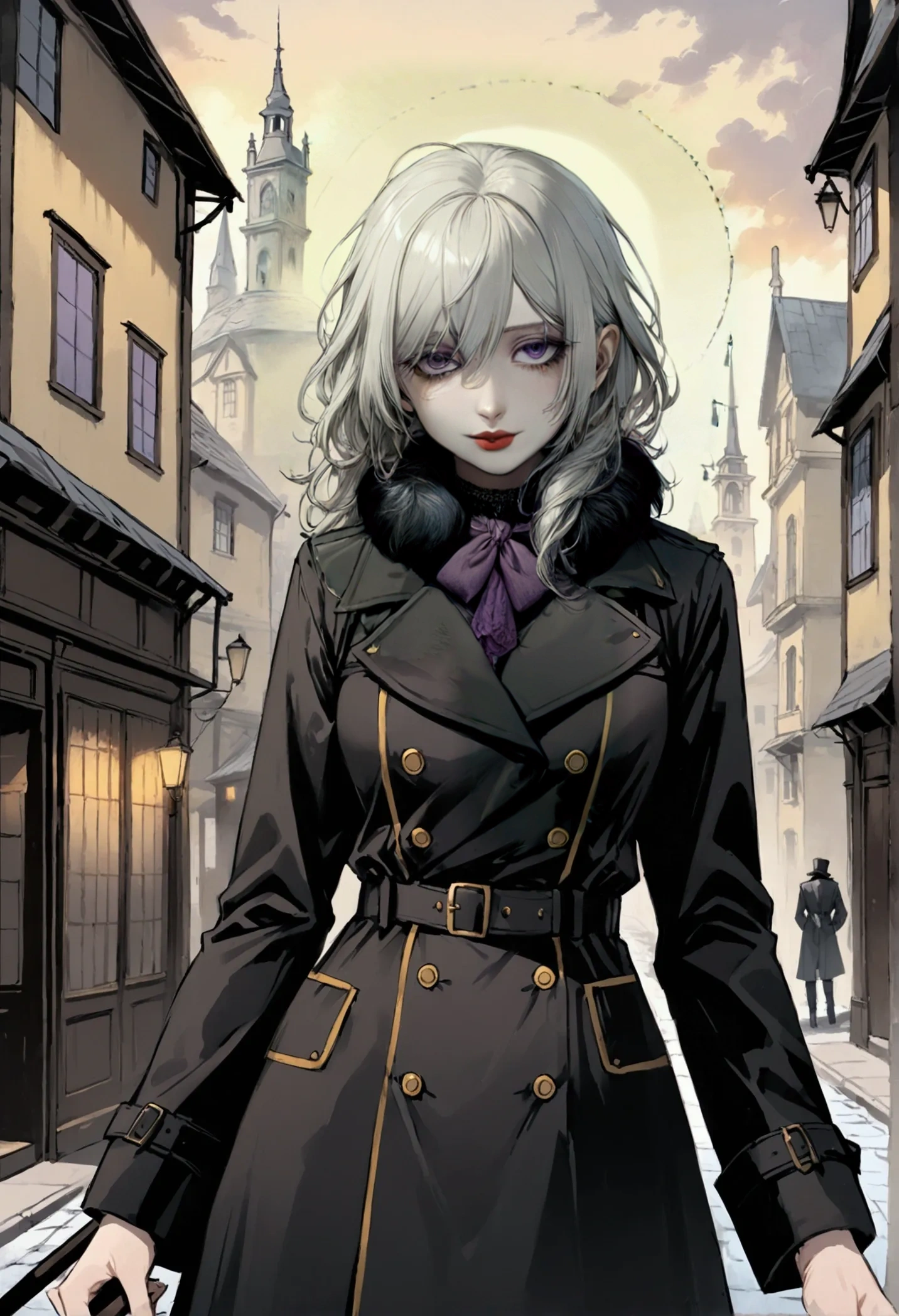 (ultra details, Masterpiece, best quality), ((masterpiece, best quality)), (illustration), ((Extremely exquisite and beautiful)), score_9, score_8_up, score_7_up, uncensored femboy, white hair, messy hair, shoulder length hair, pale skin, purple eyes, seductive expression, tongue out, round glasses, vintage clothes (ultra details, Masterpiece, best quality), ((black overcoat with fur black collar)), ((black overcoat)), ((black fur collar)), purple scarf tied in a reverse drape, gothic horror, horror, bloodborne
