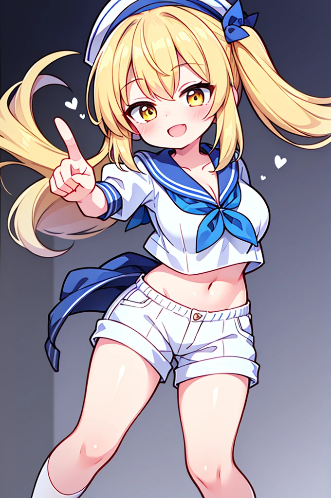 Twin-tailed golden-haired girl in sailor suit, Visible navel, Wear a hat and pants.a drawing of an anime character, clean line drawings, ultra cute girl, ultra cute face, ultra detailed eyes, ultra detailed hair, ultra cute, ultra beautiful, ((high end)), (UHD picture), (best quality,4k,8k,highres,masterpiece:1.2), top-quality(​masterpiece), top-quality, ultra-detailed, highly detailed texture, intricate details, high quality textures, masterpiece, best quality, perfect quality, perfect anatomy, perfect body, perfect symmetrical face, perfect hands, perfect feet, (two arms:1.2), (two legs:1.2), (five fingers each:1.2), (perfect joint:1.2), perfect joint movement, precise fingers and hands, 1 beautiful girl, 1 girl, alone, solo, , , ((())), ((ish)), (Best Quality, hight resolution), extremely detailed and lifelike, Vibrant colors, simple background, white socks, blonde hair, hat, blue sailor collar, twintails, sailor collar, sailor hat, yellow eyes, marine costume, short sleeves, shirt, blue neckerchief, white headwear, sailor, white shirt, white shorts, neckerchief, smile, Chiyuri, from behind, to lift up one’s skirt, cowboy shot, from front, standing, raise one leg, crossed arms, arms up behind, arms behind back, hand between legs, put hands hip, one hand on hip, forward hands, arms raised in the air, punch hands, peace sign, waving, put up index finger, sit, lie down, closed eyes, lie face down, looking back, put one hand chest, leaning forward, cleavage, close up, horizontally outstretched arms, horizontally outstretched legs, front view, front face, huge breasts for short stature, cleavage is clearly visible, G-Cup, heart hands, pointing at oneself