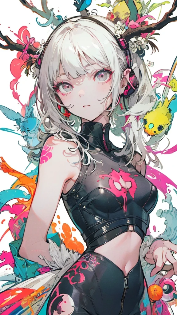 ((kinako (shiratama mochi) style)), colorful eyes, soft style, masterpiece, solo, 1 girl, topless, large nipples, nipples, black shorts, beautiful art, vibrant, colorful, medium breasts, multicolored hair, cat ear headphones, full bangs, , body, narrow waist, slender legs, hairband, choker, smiling, peace sign, spats, navel, thigh strap, abstract, paint splash, light hair, tongue out, long tongue, side tail hair ornaments, paint on body, waist pouch, heterochromia, star sticker on face, multicolored eyes, high angle shot, top view, black eyeliner, sparkling, winking, side view, arched back