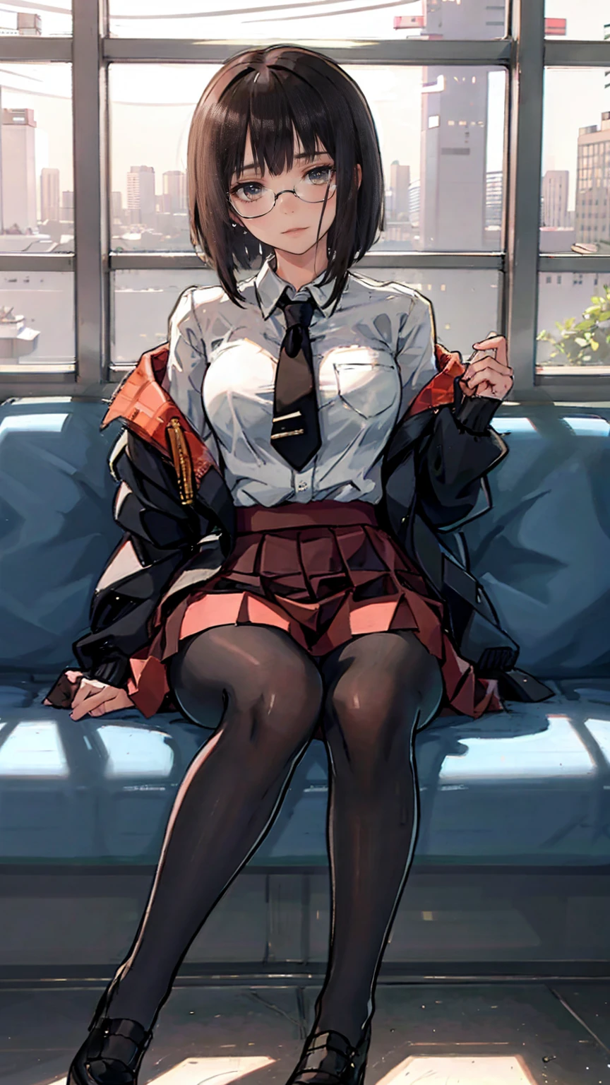 an anime girl with Glasses and a skirt sits on ground and poses, 1 girl , Alone, skirt, Have, shirt, white shirt, pantyhose, Red eyes, Glasses, Black Hair , shoes, red skirt, Check pattern skirt, Viewers, Open clothes, Check pattern, collared shirt, , Long sleeve, Mouth closed, Sitting, black pantyhose, indoor, bangs, short hair, 黒縁Glasses, Brown Jacket, Off the shoulder,Add XL @Sparkling
