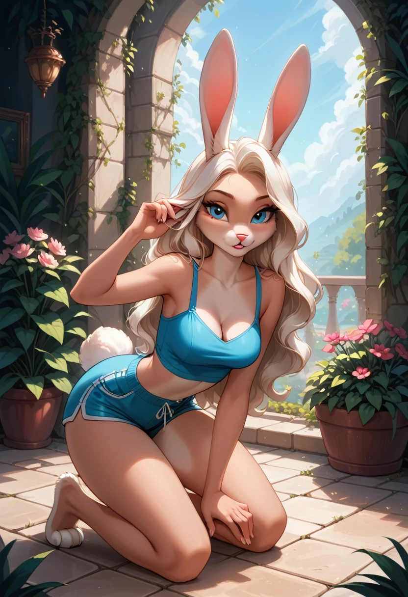 score_9, score_8_up, score_7_up, 1girl, solo, very sexy (lolabunny, anthro, furry female, rabbit ears, rabbit girl, animal nose, blue eyes, body fur:1.3), (beautiful waifu, feminine, gorgeous, long legs, beautiful eyes, detailed face, long wavy hair:1.2), wearing (tight shorts, crop top:1.3), cleavage, confident, seductive, flirt, gaze, sexy look, head tilt, filled lips, thick lips, sexy pout, (at home, in her beautiful garden, kneeling, leaning forward, down blouse, tending to her flowers:1.2), model pose, sexy pose, elegant, glamorous, dimly lit, expressiveh d4rk01l, perfect hands, perfect proportions.