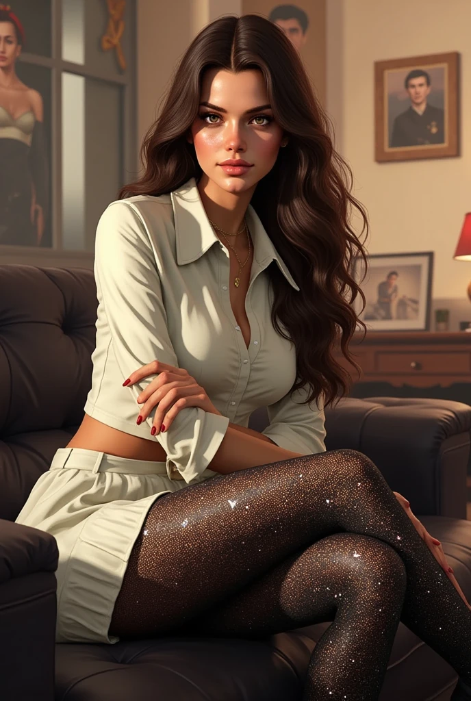 (masterpiece), best quality, ultra high res, full-body shot, sitting crossed legs pose, slim body, soviet style, 1girl, (black glittery pantyhose with gliterry diamonds, white pleated skirt, soviet uniform sweater),long hair, sopi, photon mapping, physically-based rendering, cinematic lighting, intricate, High Detail, Sharp focus, dramatic, photorealistic, cat ears