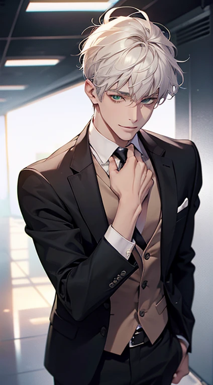 Content: A 3/4 shot of a front-facing young adult man in a butler suit and tie, wearing formal attire. He has white hair, grey eyes, and a confident smirk on his youthful yet mature face. One arm is clenched in a ball against his chest, and the other arm is at his side.

Medium: Digital art, anime illustration.

Lighting: Soft, natural lighting to highlight his features and the details of his suit, creating a balanced and realistic look.

Colours: Greyscale background to make the character stand out. The butler suit is primarily black with white accents.

Composition: A 3/4 shot that focuses on the character’s upper body, captured with a 50mm lens to create a natural perspective. The character is centered in the frame, with enough space around him to highlight his confident pose.