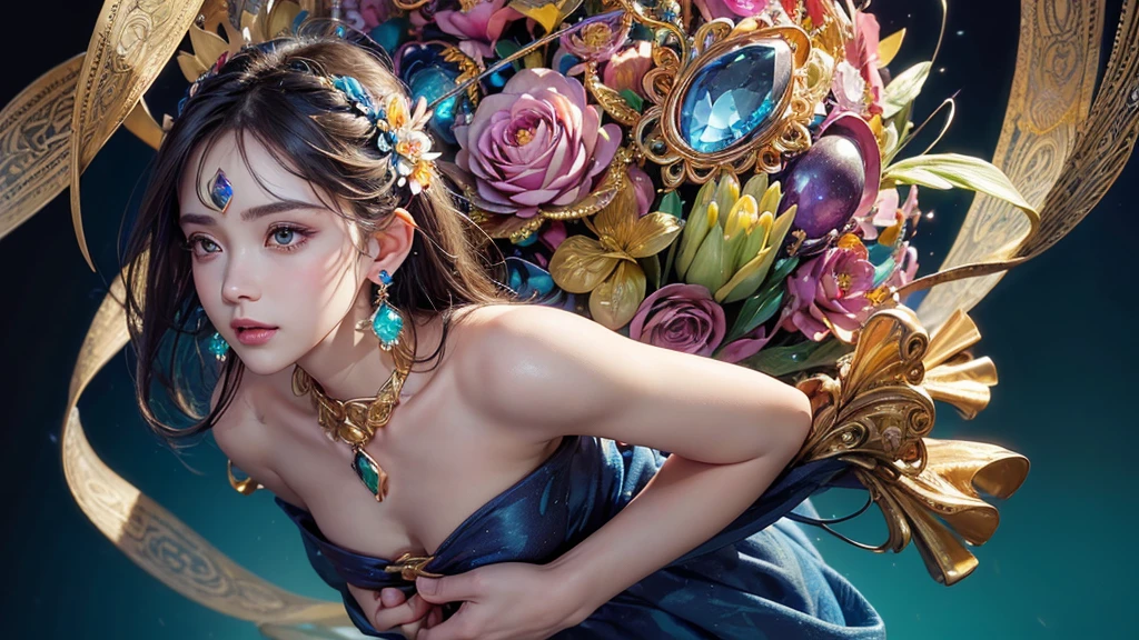 32K, 最高quality, 最高masterpiece, (ultra-Detailed Background, Detailed Background), High resolution, Super detailed, Very detailedな, 1 personの, (bouquet:1.3), (Tangled:1.2), (Geometric:1.2),(colorful),(masterpiece, quality, best quality, Official Art, Beautiful and beautiful:1.2), (1 person:1.3), Very detailed,(colorful:1.1)(Flowers:1.3),Most detailed,(Tangled:1.2), whole body, (Abstract background:1.3), (Skin glows), (Many colors:1.4), ,(Earrings Jewelry:1.5), Light Blue Background,
