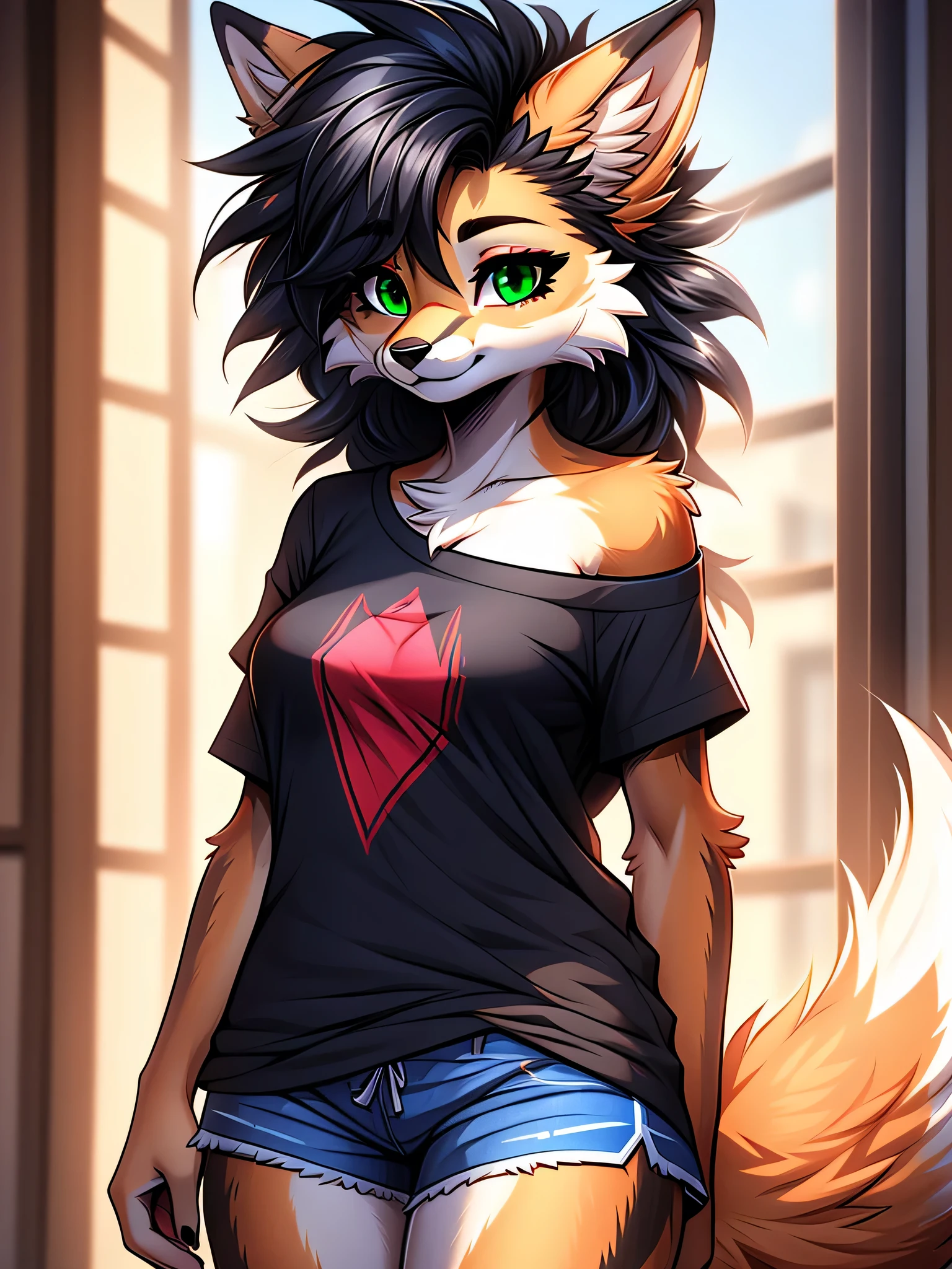 cel shading, detailed eyes, best quality, highly detailed, masterpiece, best quality, solo female, fox fursona, hair between eyes, poofy hair, black hair, off-shoulder tshirt, scene hair, green eyes, shorts, 