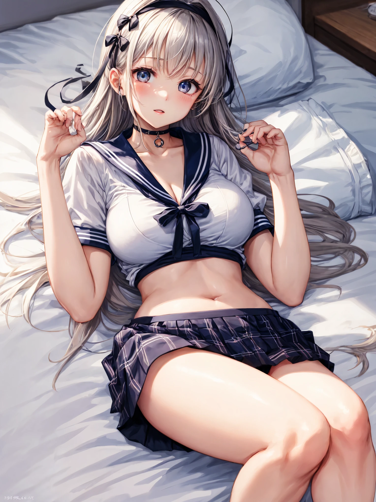 1girl in, Cute, girl, ((white and navy striped panties)), From below, ((Close-up of crotch)), Spread legs, Lying, on  back, masutepiece, Best Quality, Extremely detailed, Closed mouth, a gloomy, kizuna akari, Silver hair, huge-breasted,