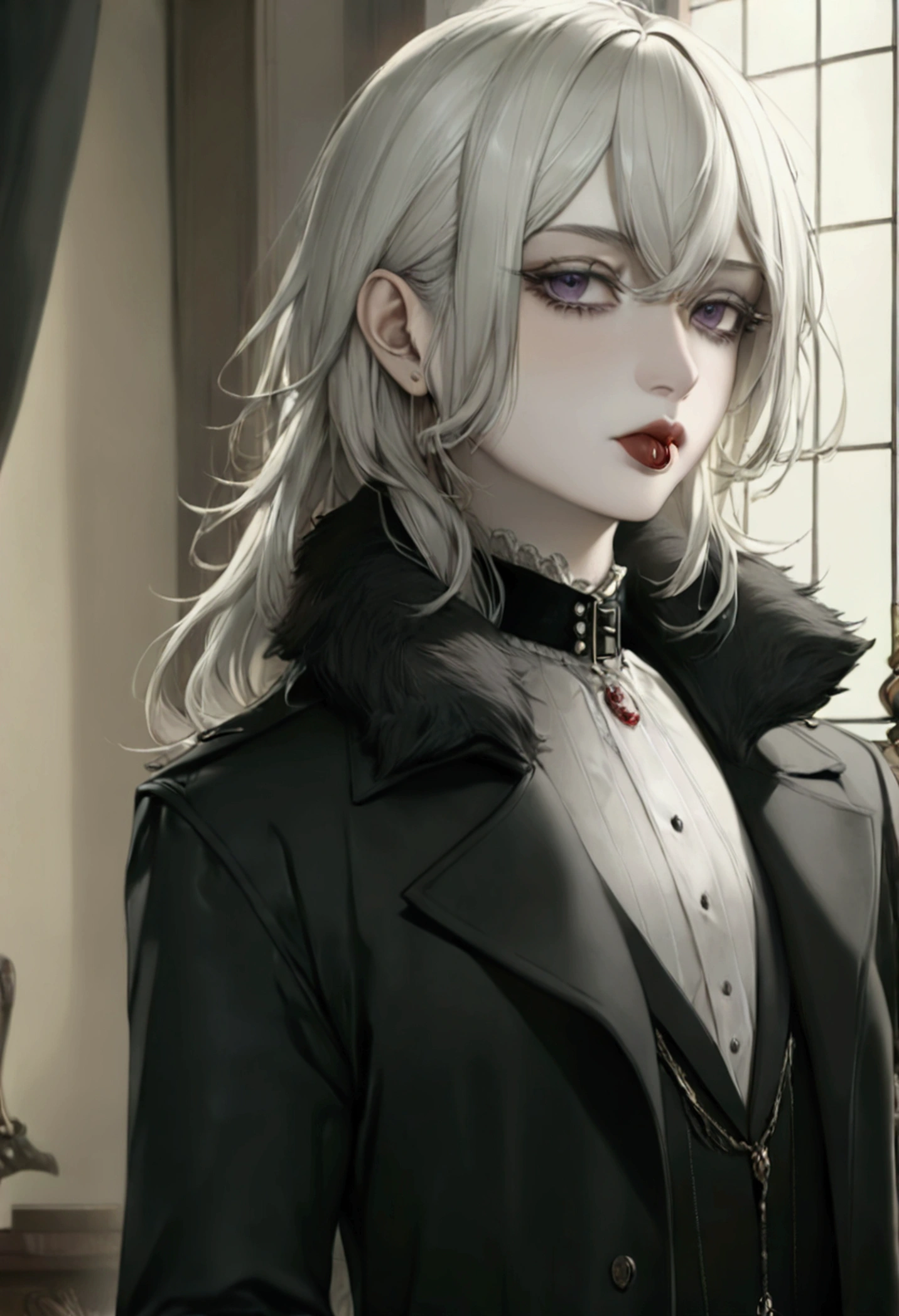 (ultra details, Masterpiece, best quality), ((masterpiece, best quality)), (illustration), ((Extremely exquisite and beautiful)), score_9, score_8_up, score_7_up, uncensored femboy, white hair, messy hair, shoulder length hair, pale skin, purple eyes, seductive expression, tongue out, round glasses, vintage clothes (ultra details, Masterpiece, best quality), ((black overcoat with fur black collar)), ((black overcoat)), ((black fur collar)), ((gothic horror)), ((horror)), ((gothic)), bloodborne
