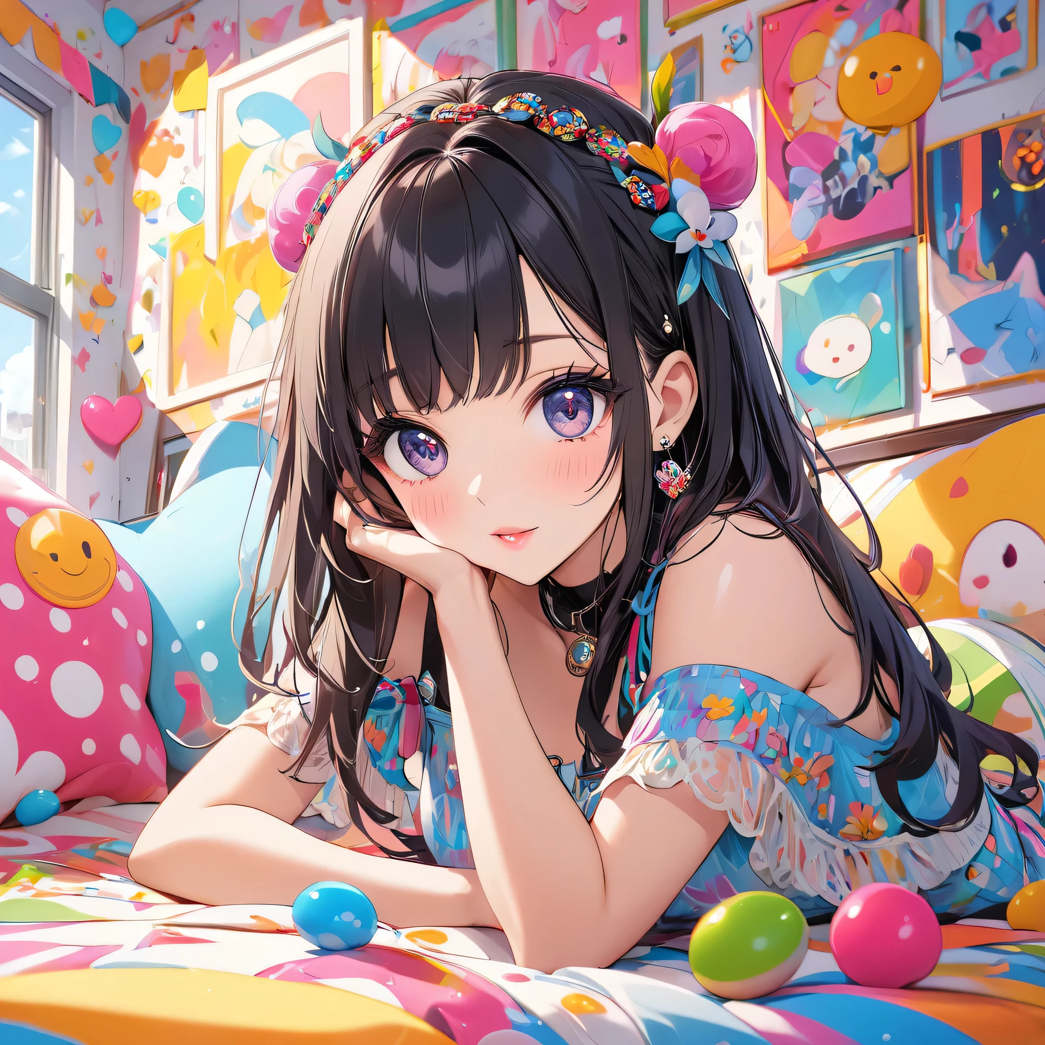 ((march7th(honkai star raill):1.5)),
truly cute girl, extra charming face, wet glittering hair, brilliant jewelry eyes, shiny skin, glossy lips, glamorous body, 
lying back on the fluffy bed, ((supine:1.5)), surrounded by various kinds of stuffed animals, spreads arms and legs, 
girly interior bedroom, dim, shadow, large window, marvelous night scape outside of the window,
 {(masterpiece, best quality), (absurdres absolutely resolution), (8k), (detailed illustration), (super fine illustration), (vibrant colors), (professional lighting), detailed beatiful face, detailed beatiful eyes, detailed beatiful hair, nice hands, perfect hands, detailed background, dynamic pose, dutch angle},shine colorful, 