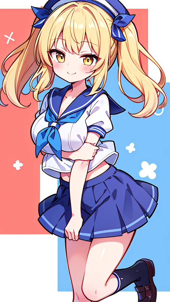 Twin-tailed golden-haired girl in sailor suit, Visible navel, Wear a hat and pants.a drawing of an anime character, clean line drawings, ultra cute girl, ultra cute face, ultra detailed eyes, ultra detailed hair, ultra cute, ultra beautiful, ((high end)), (UHD picture), (best quality,4k,8k,highres,masterpiece:1.2), top-quality(​masterpiece), top-quality, ultra-detailed, highly detailed texture, intricate details, high quality textures, masterpiece, best quality, perfect quality, perfect anatomy, perfect body, perfect symmetrical face, perfect hands, perfect feet, (two arms:1.2), (two legs:1.2), (five fingers each:1.2), (perfect joint:1.2), perfect joint movement, precise fingers and hands, 1 beautiful girl, 1 girl, alone, solo, , , ((())), ((ish)), (Best Quality, hight resolution), extremely detailed and lifelike, Vibrant colors, simple background, white socks, blonde hair, hat, blue sailor collar, twintails, sailor collar, sailor hat, yellow eyes, marine costume, short sleeves, shirt, blue neckerchief, white headwear, sailor, white shirt, white shorts, neckerchief, smile, Chiyuri, from behind, to lift up one’s skirt, cowboy shot, from front, standing, raise one leg, crossed arms, arms up behind, arms behind back, hand between legs, put hands hip, one hand on hip, forward hands, arms raised in the air, punch hands, peace sign, waving, put up index finger, sit, lie down, closed eyes, lie face down, looking back, put one hand chest, leaning forward, cleavage, close up, horizontally outstretched arms, horizontally outstretched legs, front view, front face, huge breasts for short stature, cleavage is clearly visible, G-Cup, heart hands, pointing at oneself