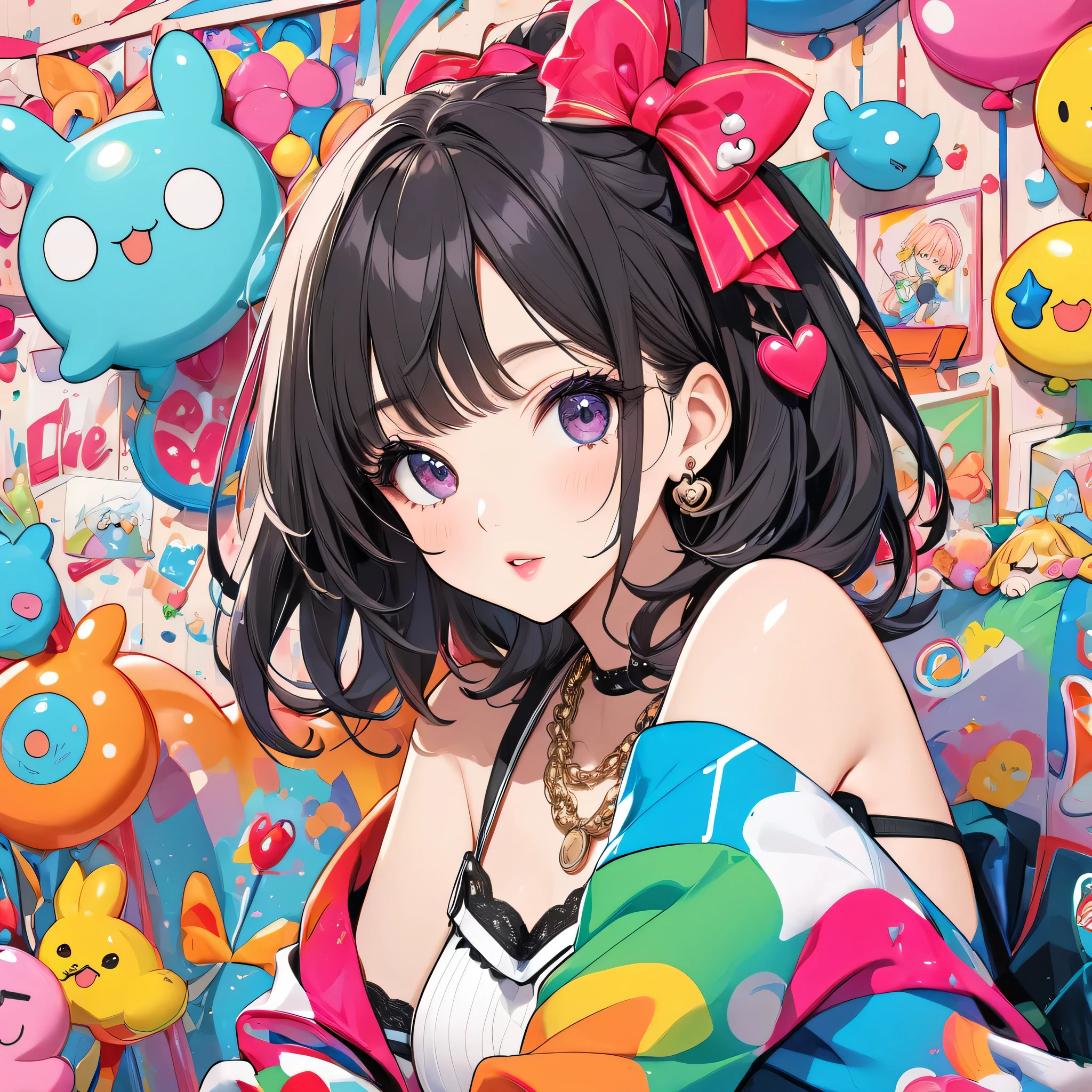 Graffiti Art、Positive Space、Silk Screen、Asymmetric、One Girl、Black tank top、pink pattern mini skirt、Heart-shaped choker、Cute mole under eye、Super detailed、Super detailed background、16K、diverse pose, di spalle ragazza che non guarda