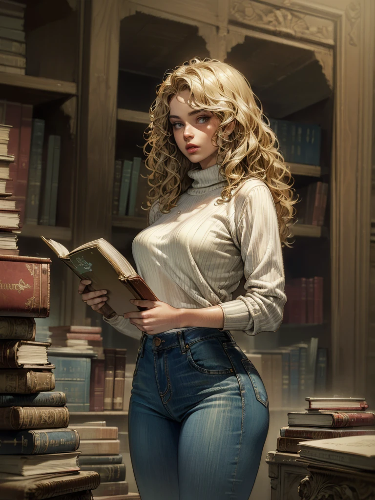 (masterpiece, best quality, highres, high resolution:1.2), extremely detailed, realistic, intricate details, Melina, pretty, blonde brunette with wavy hair and natural breasts, , in library, holding stack of books, jeans, sweater, sfangle,