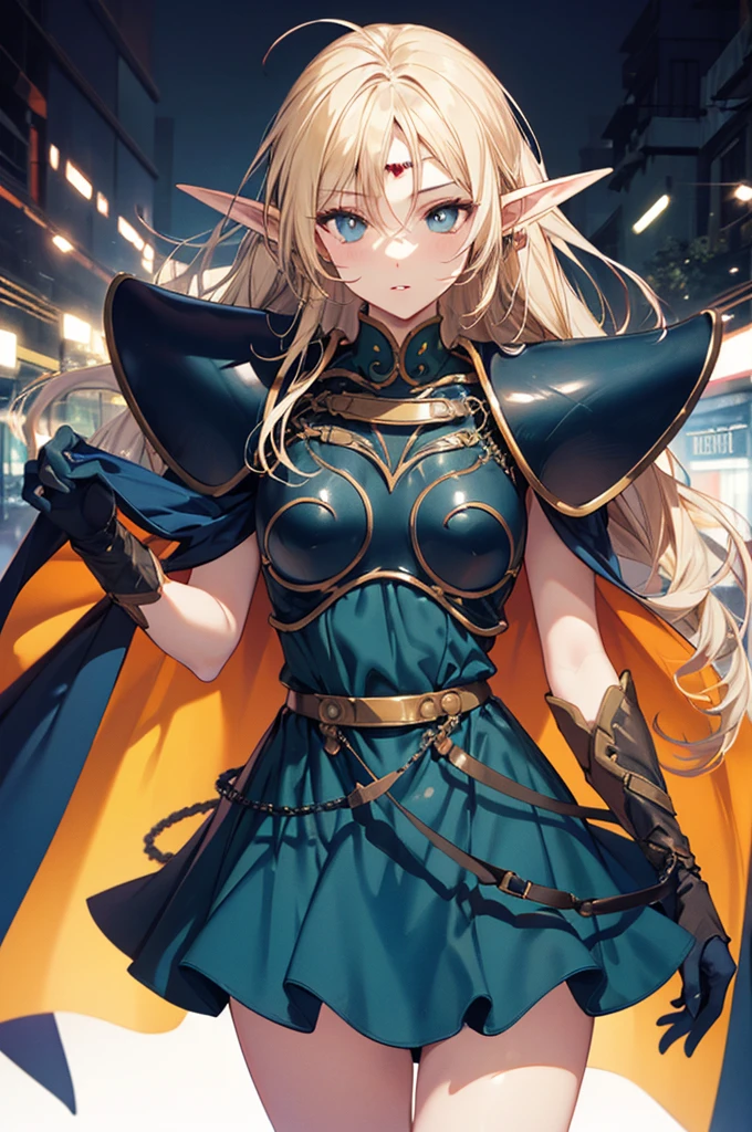 Cowboy shot,1girl, Deedlit, solo, pointy ears, long hair, blonde hair,green dress, armor, gloves, elf, blue gloves, cape, blue cape, blue eyes, circlet, very long hair, pauldrons, shoulder armor, parted lips, thighs,looking at viewer, white background,masterpiece,Noise Reduction,perfect anatomy,high resolution, ultra-detailed, ultra-detailed face,game cg,dutch angle ,beautiful detailed eyes,visualart,five fingers, perfect hands, perfect lighting, sparkling pupils,