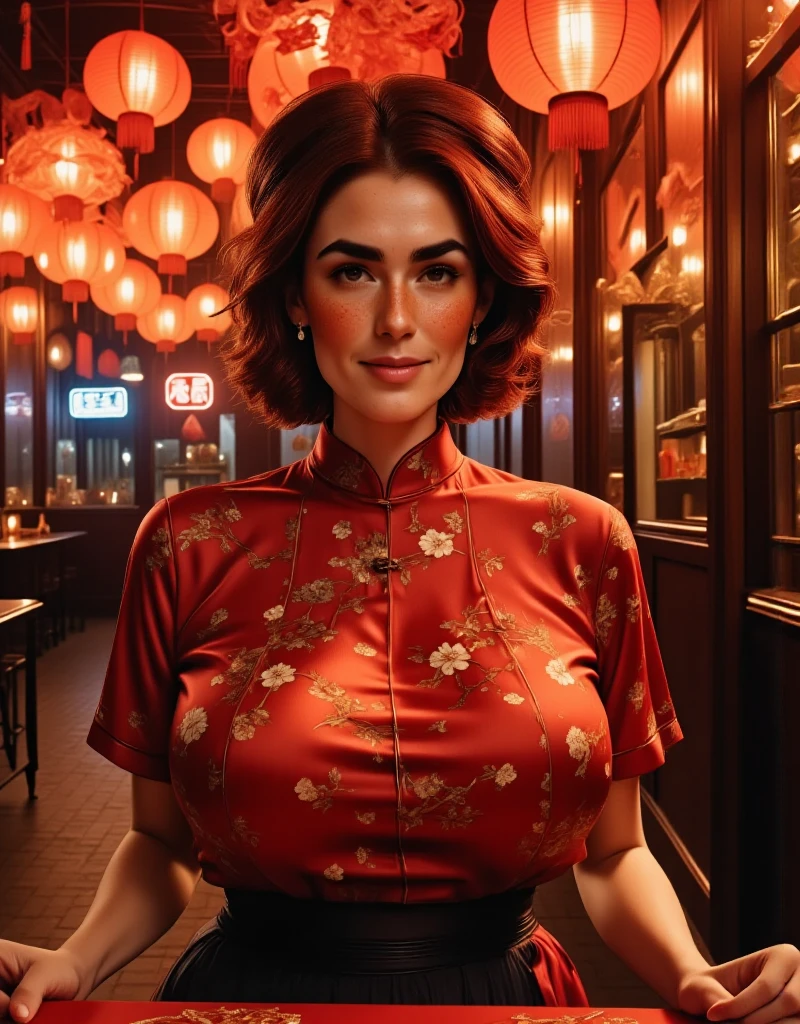 Photorealistic, cinematic style, low angle picture of a beautiful British woman celebrating Chinese New year inside a chinese restaurant. Late evening, dark. (Dynamic pose: 1.5), she is smiling. She has Brown eyes, downturned eye shape, light skin and freckles, reddish-brown hair, elegant gathered up hairstyle. Traditional Red silk cheongsam. white pearl earrings. Large red paper lanterns. Red paper decorations hung from the ceiling. Red carpet, red dragon decoration. Theme colour is red. perfect hand,HDR, intricate details ,