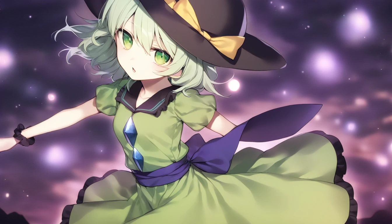 1 girl, cute, young, green hair, bob haircut, green eyes, witch, thigh high,