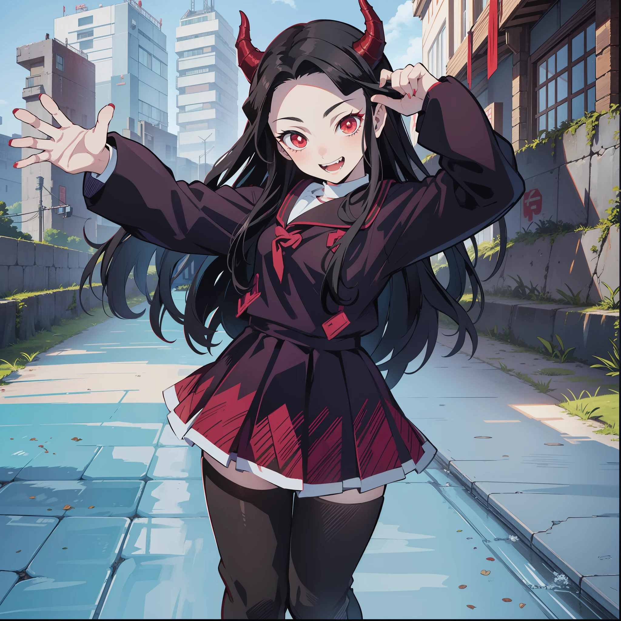 (masterpiece, best quality:1.2), kimetsu no yaiba style, kiyomi, (1girl, solo), 18years old, upper body, (black long hair, straight hair), forehead, (red demon horns, red eyes), (serafuku, sailor suit, school uniform), (happy smile:1.2), long fangs, (open hand, waving hand, good-bye pose), standing on the cobblestone road