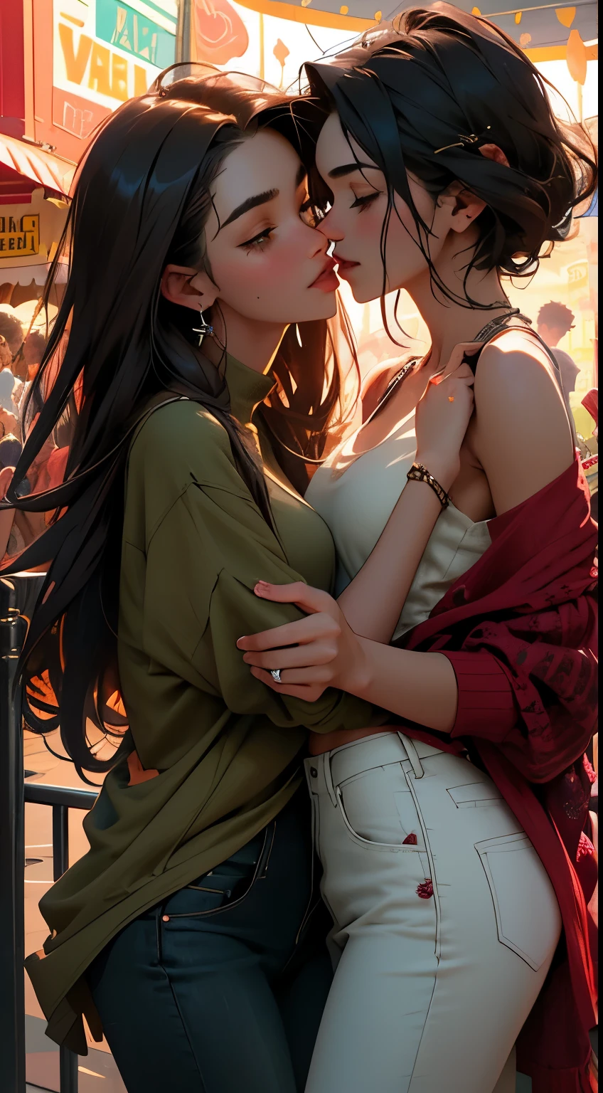 Amazing portrait of a man wearing maroon full sleeved t shirt and ripped jeans kissing a sexy woman wearing a olive green tank top paired with a white shirt and pants in an amusement park with soft lighting showcasing their amazing bodies tangled together with love and lust