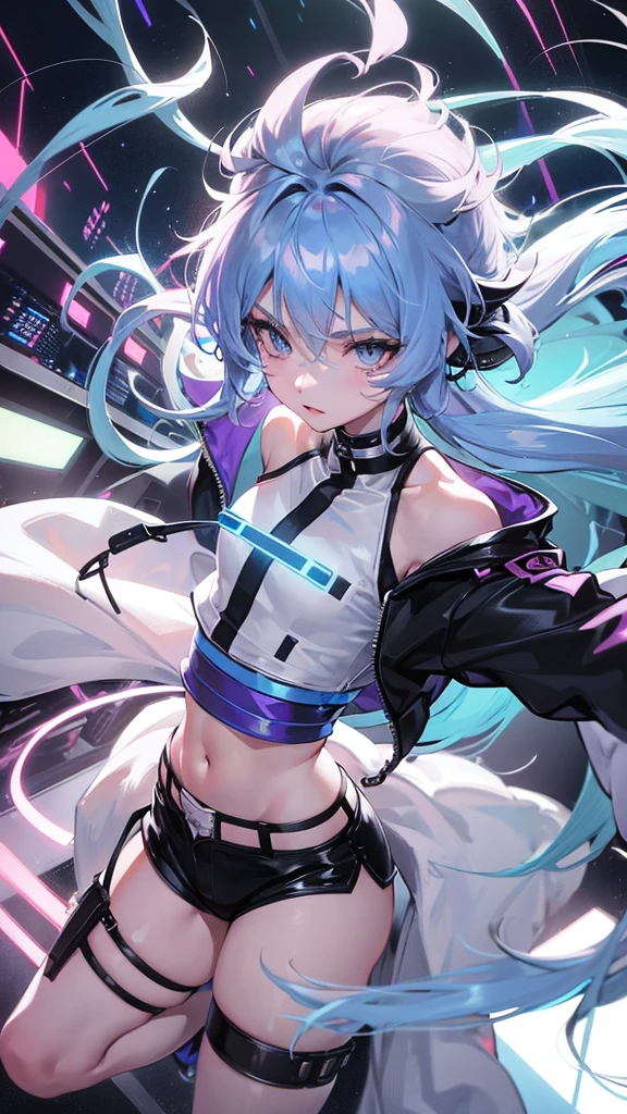 (future cityscape:1.5), (NSFW, topless bare small middle boobies, uncensored bare pussy:1.5), (Face of love, I'm so happy:1.5), (cyborg girl:1.5), low , stylish angle, stylish pose, (headphone, mechanical fuselage, mechanical clothing), looking at the viewer, bangs cut off, (blue mini skirt:1.2), plastic corset, Beautiful light effect, glowing skin, (removable long sleeves, very wide sleeve:1.5), (caution decal, corporate logotype:1.2), (small open mouth:0.8),
