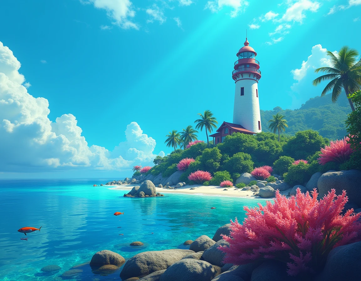The painting style comes from realism,oil painted,lighthouse,coconut palms,pink-sky,Purple clouds,Orange sandy beach,Light pink water