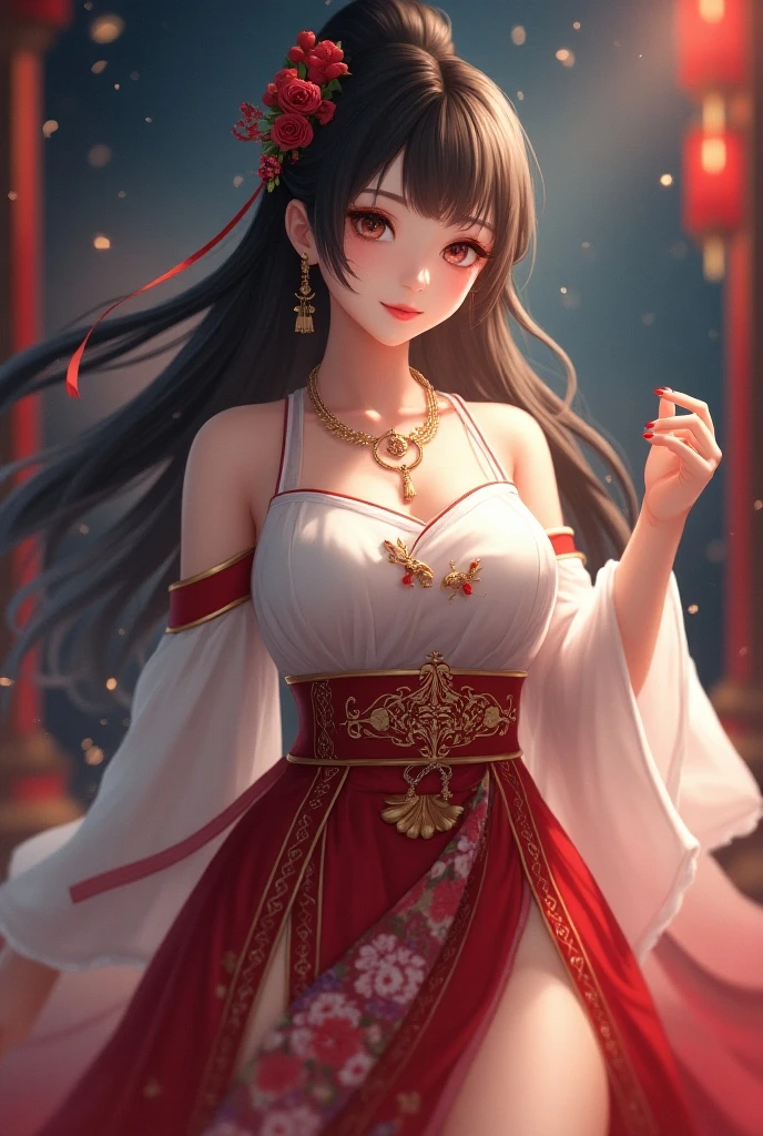 (Best quality,tmasterpiece,A high resolution,CG)),tmasterpiece,Need,(Chess elements)(Light Chinese style:1.3),Straight brown hair,((The top is white,The skirt is red)),Body shaping(Bare shoulders without chest),耳Nipple Ring,gyuru,bangle,hair adornments,goddes,effective use of light and shadow,Ultra-realistic realistic 3D,No streamers,(Fine hands),Playing cards in hand,No streamers