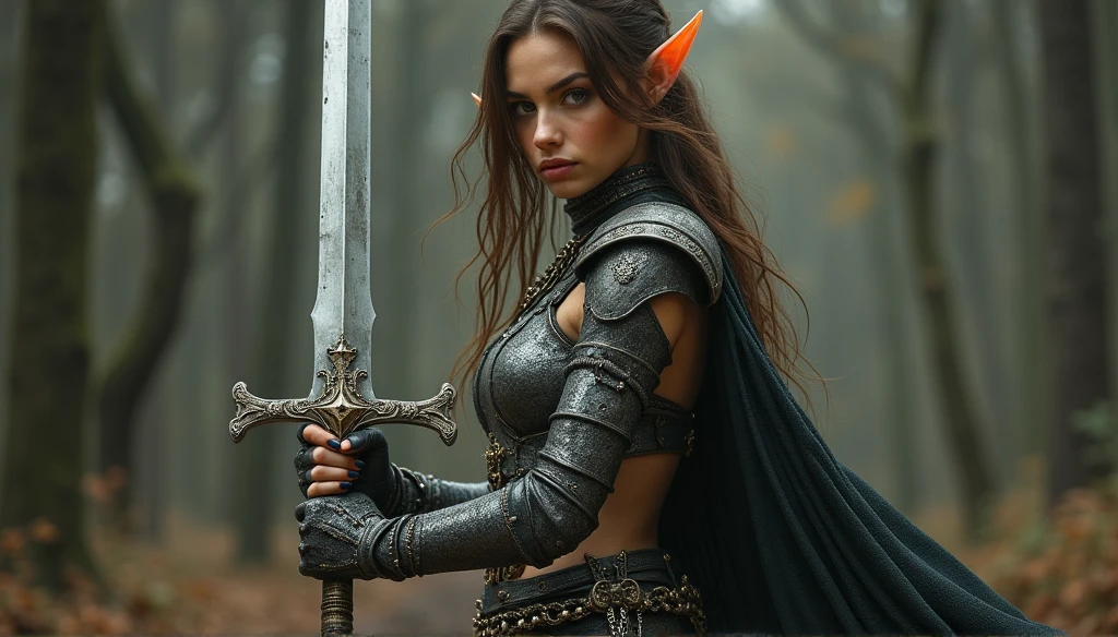 Beautiful and Exquisite female warrior, exquisite eyes, delicate lips, very detailed face and body, long black hair, (sword swinging: 1.4), (motion blur effect to express the movement of the female warrior: 1.6), wearing armor, against the background of a dark and gloomy night forest, anatomically correct body structure, anatomically correct fingers, dramatic lighting and shadows, (highest quality, 4k, 8k, high resolution, masterpiece: 1.2), ultra detailed, (realistic, photorealistic, photorealistic: 1.37), dark fantasy, dramatic lighting