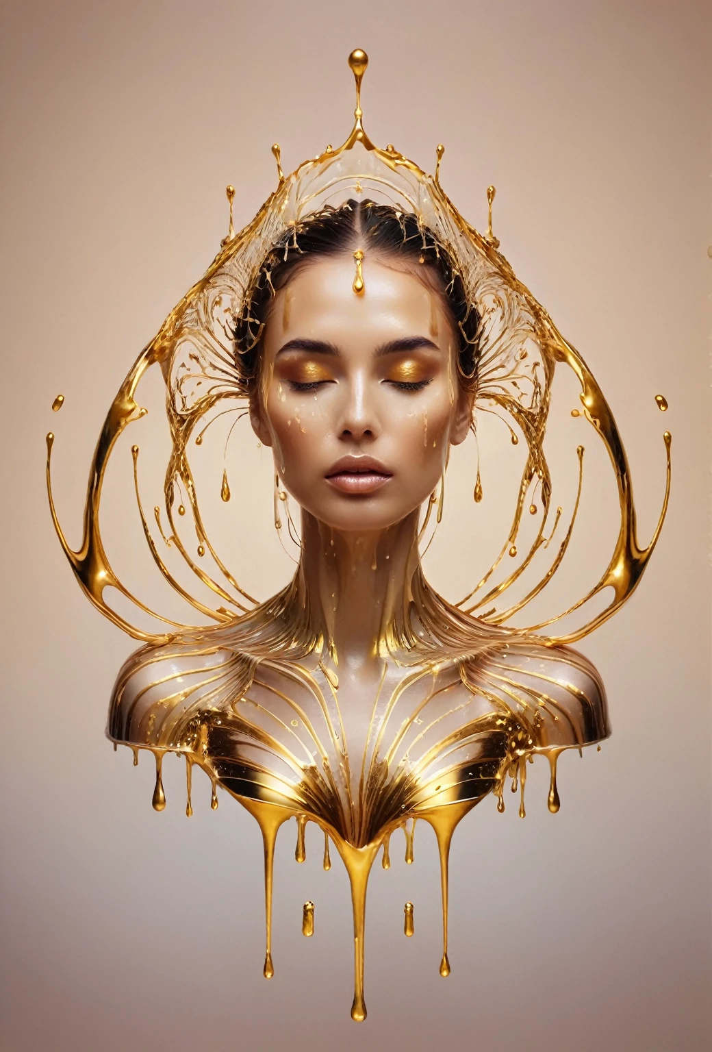   a woman with a golden crown on her head and a liquid dripping on her face, Liquid cap , Draped in shiny golden oil, Karol behind uhd,  gold dripping in a spiral , dripping oil on the head, gold body paint,  oil dripping , inspired by Hedi Xandt, gold body paint, made of glowing oil, intricate oil 