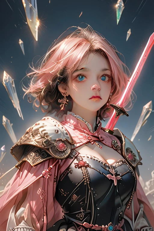 masterpiece, best quality, rpg character art, epic fantasy art style, high detail, intricate details, ultra high resolution, sharp focus, HD, 8k,
1girl,solo,cute,(((pink short hair, crystal blue eyes ))),22year old woman, big breast,cleavage,
serious and mature demeanor, focused in battle, rushing to a battle, using her wind based powers, super powers, wrapped in wind, full body fantasy concept art,,fantasy medieval style clothes ((very light armor, sword at her waist)),
attire is modest but feminine, clear facial features, clear details, background is a medieval fantasy village, moving towards viewer, Chinese style,
at night,starry night,