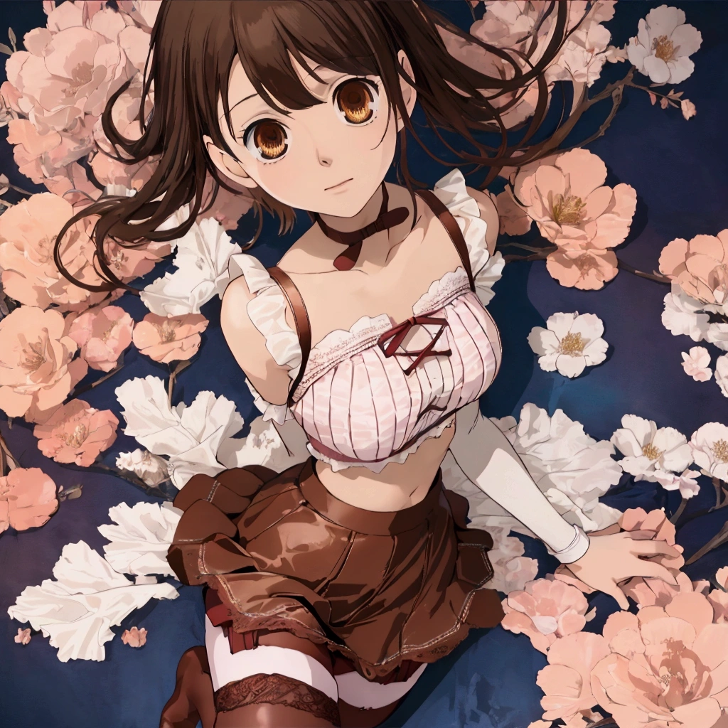女の子1人, ((Meisterwerk, Seitenbeleuchtung, gorgeous eyes: 1.2), Ultra-detailliert, ultra-high resolution, Professionelle Beleuchtung, hochwertiges Make-up, beautiful detailed eyes), (best qulaity:0.8), Perfekte Anime-Illustrbeiion, beautiful, flacher farbiger Hintergrund, Einfacher Hintergrund, full entire body , aussehend_bei_Betrachter, nur, (full entire body:1.5), Braunes Haar, dunkelbraune Augen, (small boobs:1.1), nur,HuasaChile, Huasachina, sash, bauschiges Kleid, Kleid, puffy short sleeves, Strumpfhose, schwarzes Schuhwerk, Blumendruck, Kleid mit Print, hand on hip, Taschentuch,toph, (blind:1.5)
