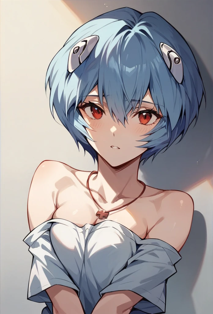 Rei Ayanami, blue hair, Short Hair Hair, (Red Eyes:1.5),At the casino,Bunny costume,NSTDA.,Skin contact,sexy pose,1 girl,bestquality,Shy face