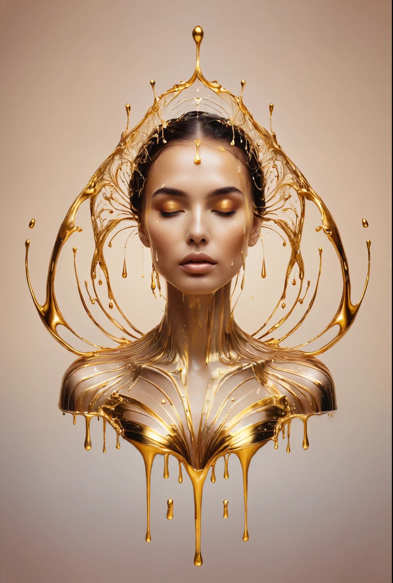   a woman with a golden crown on her head and a liquid dripping on her face, Liquid cap , Draped in shiny golden oil, Karol behind uhd,  gold dripping in a spiral , dripping oil on the head, gold body paint,  oil dripping , inspired by Hedi Xandt, gold body paint, made of glowing oil, intricate oil 