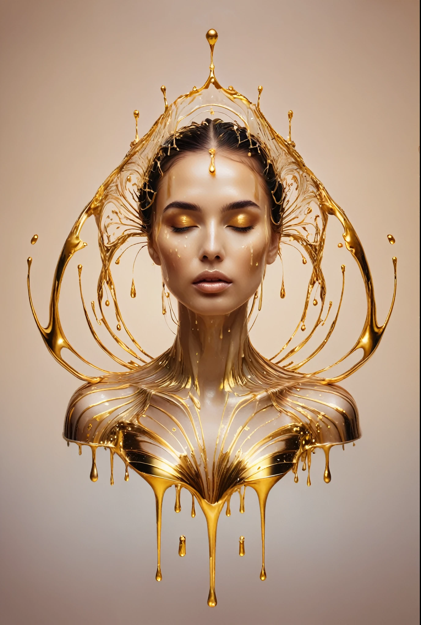   a woman with a golden crown on her head and a liquid dripping on her face, Liquid cap , Draped in shiny golden oil, Karol behind uhd,  gold dripping in a spiral , dripping oil on the head, gold body paint,  oil dripping , inspired by Hedi Xandt, gold body paint, made of glowing oil, intricate oil 