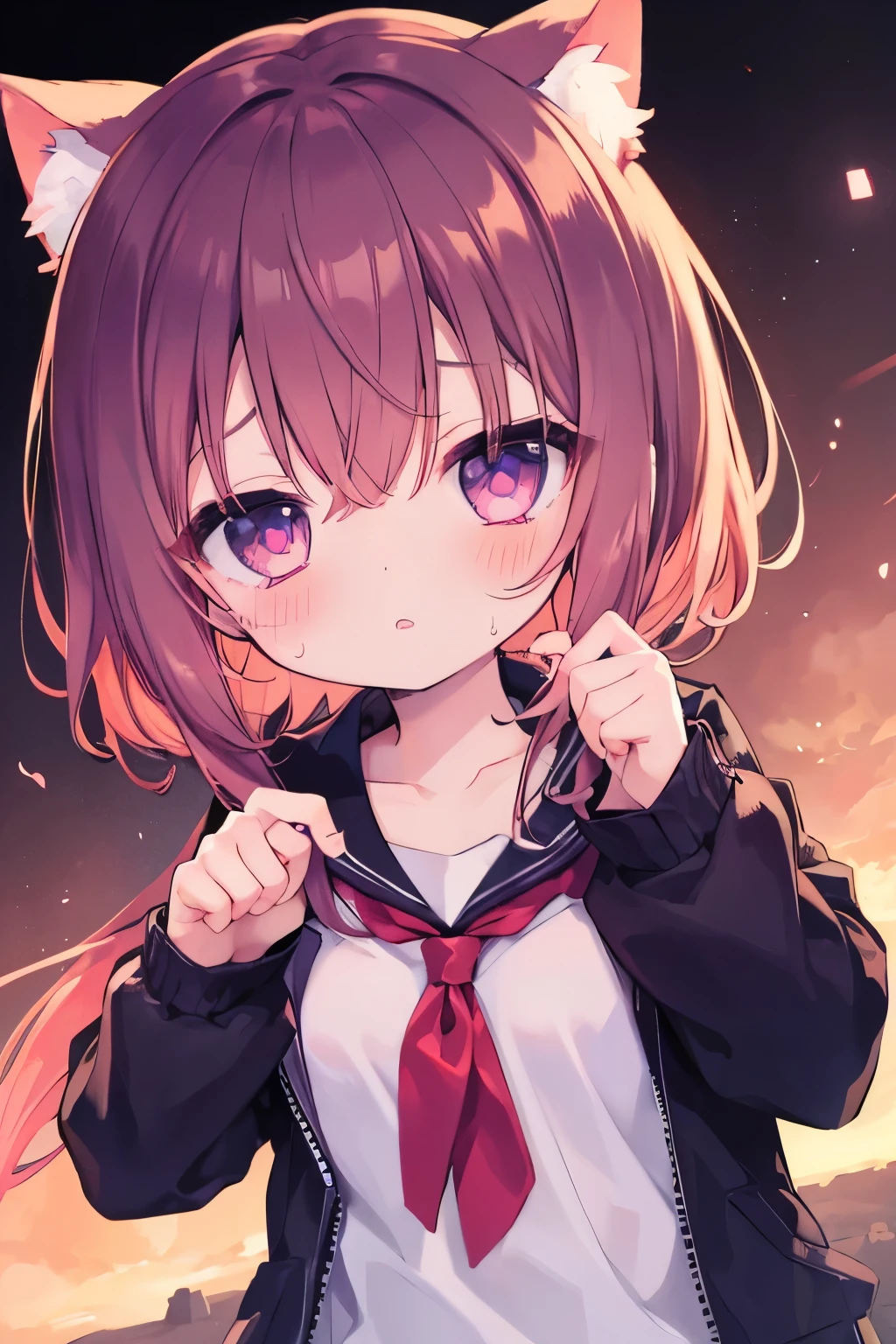 Oversized jacket、Putting on a collar、、,Pink Shortcut,Very beautiful and Shining Eyes、Shining Eyes、1 girl、Small breasts、Cat ears elementary school girlining Eyes、Shining Eyes、1 person、cat ears、((((()))))、heart❤、((sweat、vapor))
