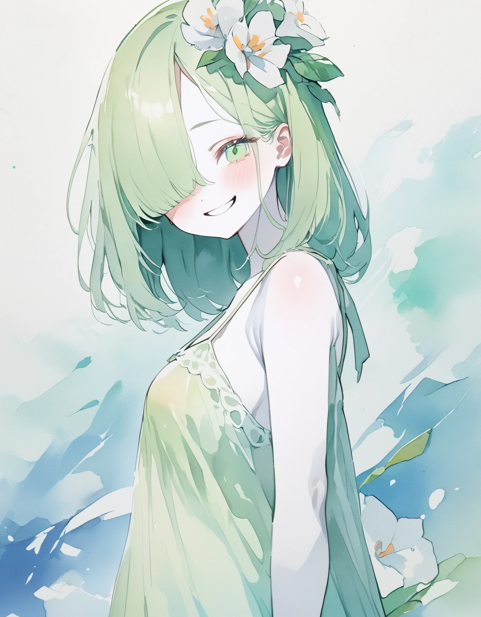<lora:shuicai:1>,watercolor (medium), 1girl, solo, long hair, blue hair, closed eyes, hair intakes, shawl, white background, smile, fringe trim, long sleeves, collarbone, wide sleeves, closed mouth, upper body, bangs, very long hair, ribbon, simple background, facing viewer, wavy hair, dress, off shoulder, hair ribbon, plant, leaf, bare shoulders, light smile