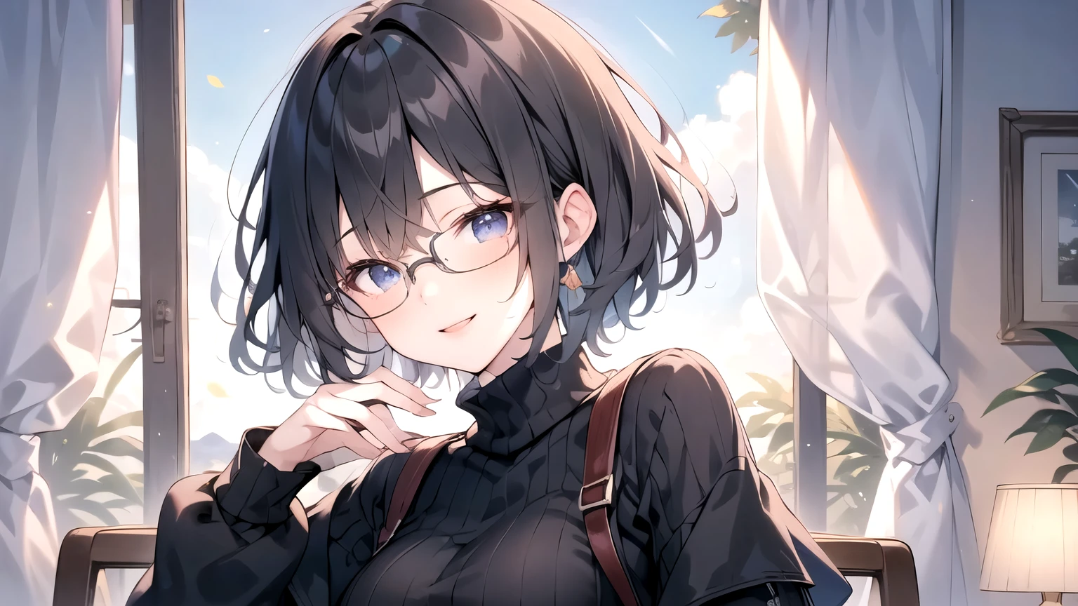 ((Best Quality)), ((masterpiece)), (detailed), One Girl,   black turtleneck , blue eyes,  Black-rimmed glasses, Short Hair , Blue Hair ,Curly hair ,  orange long skirt,  Browse Viewers , Open clothes, Long sleeve, smile, charming background , ３０age, Study, Beautiful fingertips