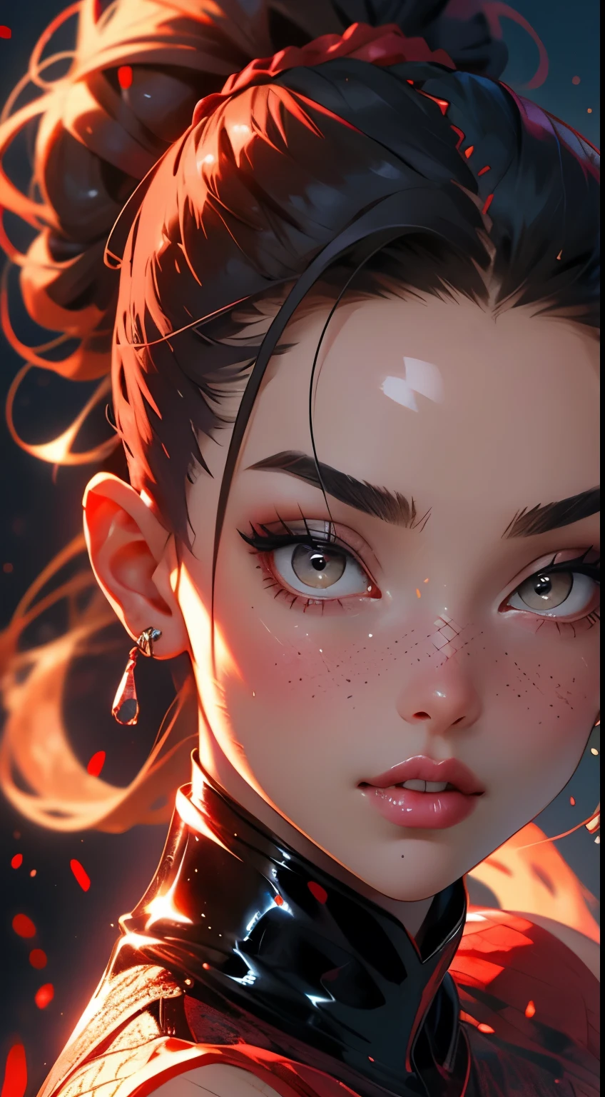 (High quality, High resolution, Fine details), Sunset, (close-up face:1.2), romantic mood, warm lighting, warm color tones, solo, , curvy women, Black Hair, (kissy face and lips), blush, Sweat, Oily skin, shallow depth of field