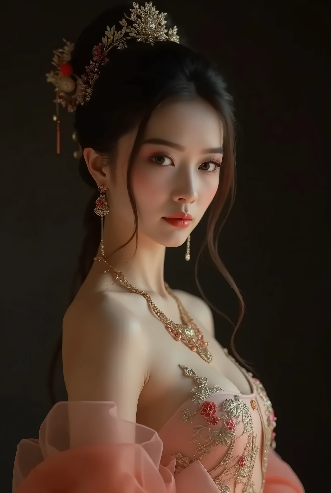 Bella Hadid, araffe woman in a pink dress with a flower crown on her head, a colorized photo inspired by Lan Ying, trending on cg society, realism, hanfu, palace ， a girl in hanfu, ancient chinese princess, a beautiful fantasy empress, ancient china art style, ancient asian dynasty princess, chinese empress, white hanfu, chinese princess,looking down,