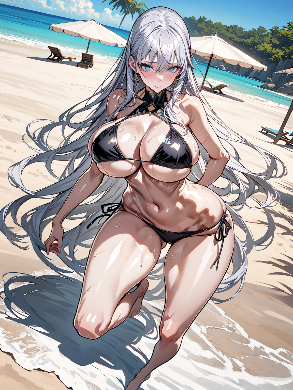 selvaria, very long hair, huge breasts,black bikini, halterneck, cleavage cutout, underboob, side-tie bikini bottom, grey hair, 
1girl, solo,  narrow waist, 
full body, 
beach, sea, beach umbrella, dynamic angle,  dynamic pose,  (masterpiece),(best quality), rating_explicit,(ultra-detailed),(best illustration),(best shadow), Expressiveh, perfecteyes,, ,curvy,, ,shiny skin, detailed skin,, ,