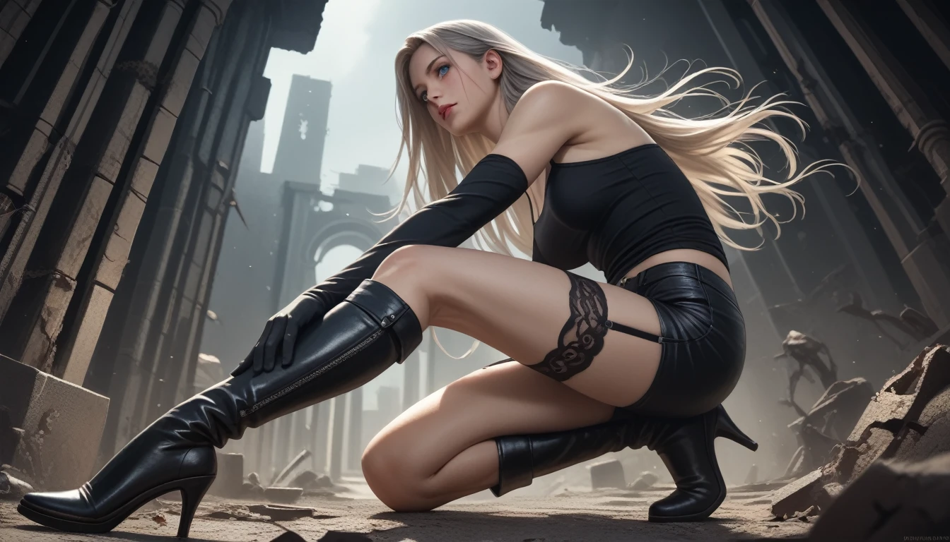 score_9, score_8_up, score_7_up, score_6_up, score_5_up, score_4_up, 
realistic, detailed anime image, bright colors, high contrast, vivid lighting,
a mature adult woman inspired A2_\(Nier Automata\), 
detailed face, beautiful face, face in sharp focus, silver long hair, blue eyes, 
muscular body, anatomically correct body, perfect hands, perfect fingers, realistic skin texture, radiant skin, bare shoulders,
black camisole with cutouts, black leather shorts, elbow-length gloves, 
black thigh-high stockings, garter belt, asymmetrical leg clothing, high-heeled shoes, black thigh-high boots, 
dark background, city ruins,
dynamic pose, low angle,