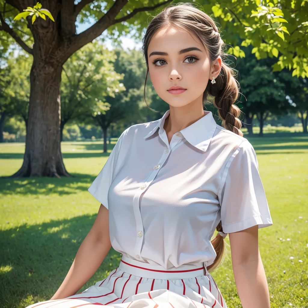 (8k hd clear face with) Healthy 21 year old girl looking beautiful in a ROYALICA Trendy Regular Fit Striped White Colour Cotton Blend Collared Shirt for women and a long white bell skirt with a braided hairstyle sitting in the park under a tree