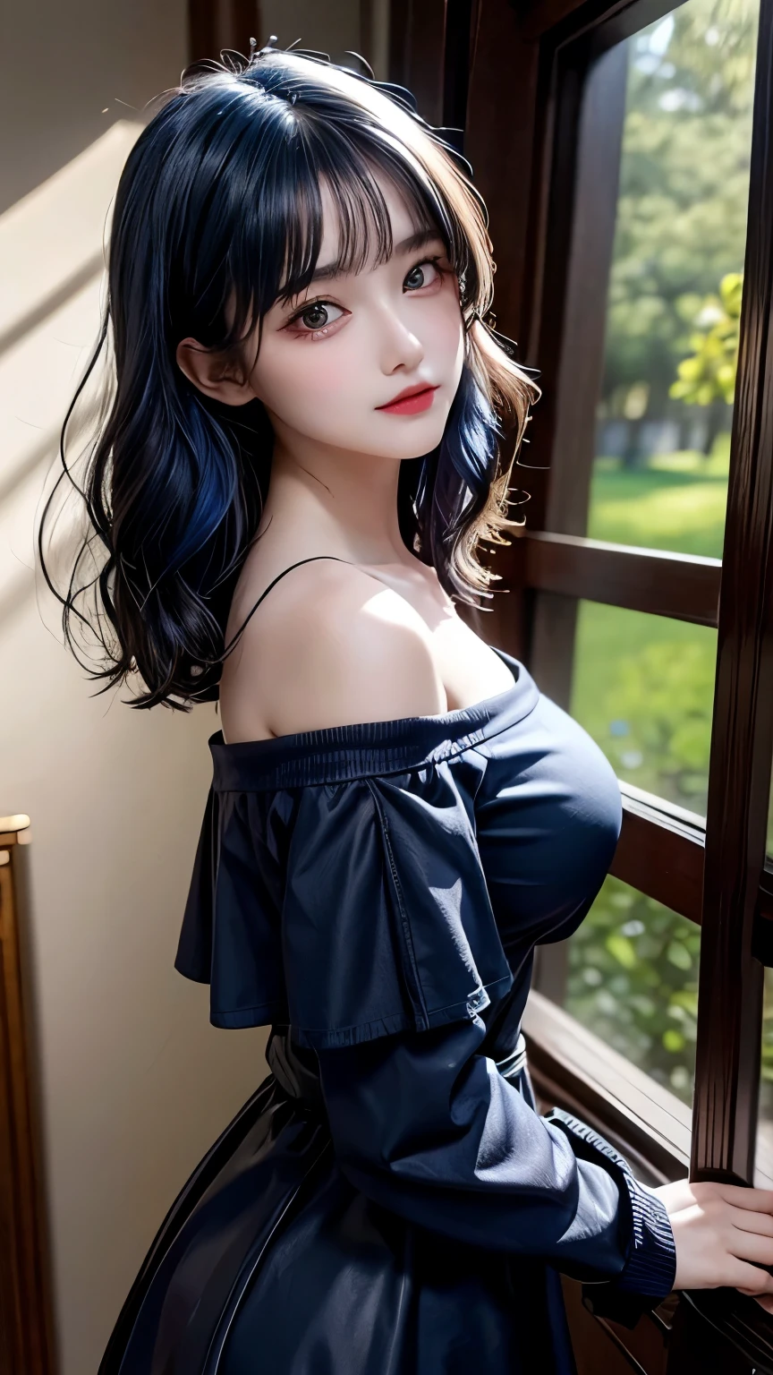 Highest quality, masterpiece, look up, cute,(Horror),(((Beautiful girl))),(Sexy),(sexy),((Small breasts)),,(Blue dress,Summer clothes),(Middle scair,Beautiful Style,((Pale skin)),Sensual look,Embarrassed,Sexy表情,Heavy makeup,Expressions of delight,(Dark atmosphere),(Dark atmosphere,fear),((Dim lighting))